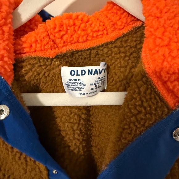 Old Navy Sherpa-Lined Hooded Jacket – Brown/Blue with Orange Lining (Size 12–18 - Picture 2 of 3